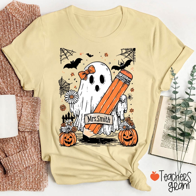 Personalized Name Cute Ghost Floral Halloween Teacher T-Shirt