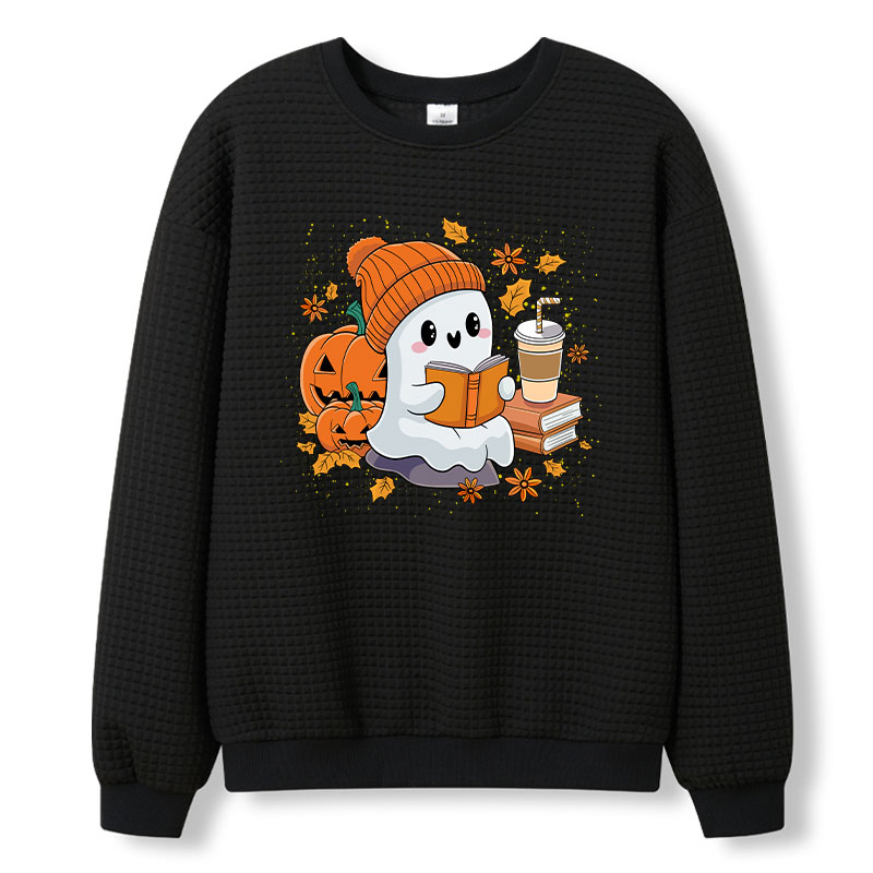 Reading Ghost Pumpkin Halloween Teacher Waffle Knit Sweatshirt