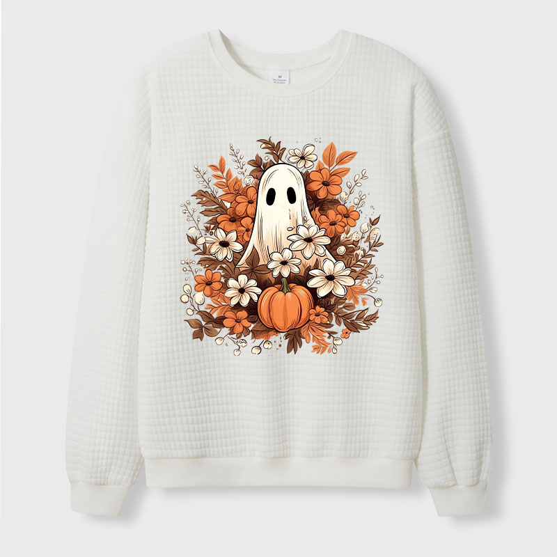 Fall Ghost Halloween Teacher Waffle Knit Sweatshirt