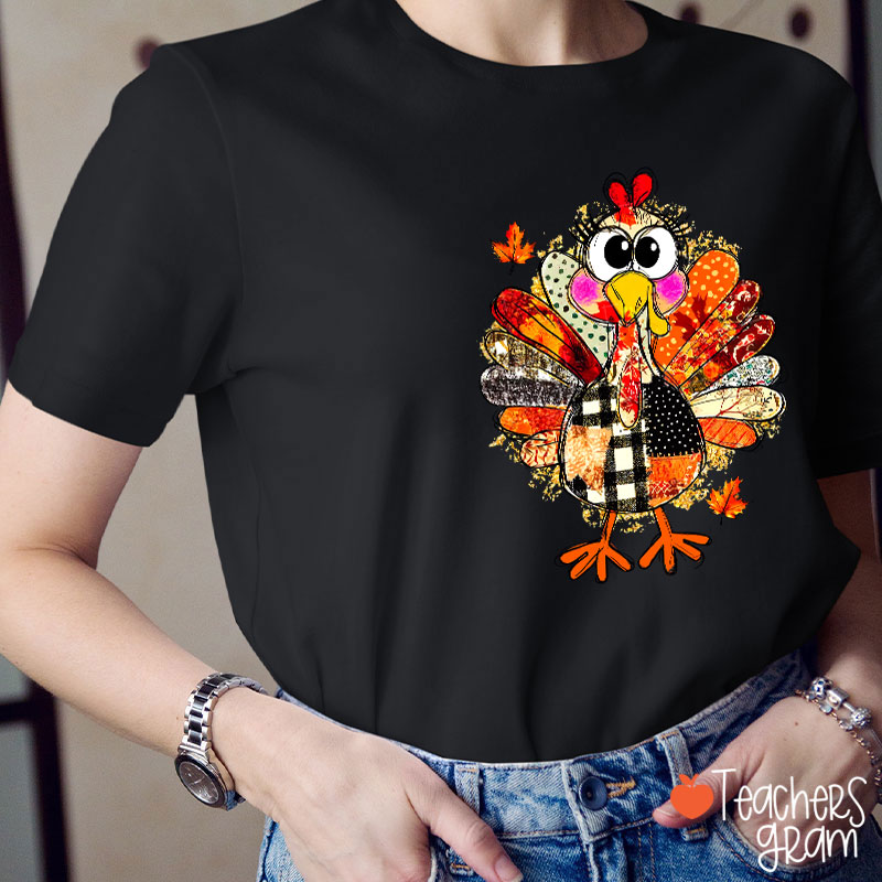 Collage Of Flowers And Thanksgiving Turkey Teacher T-Shirt