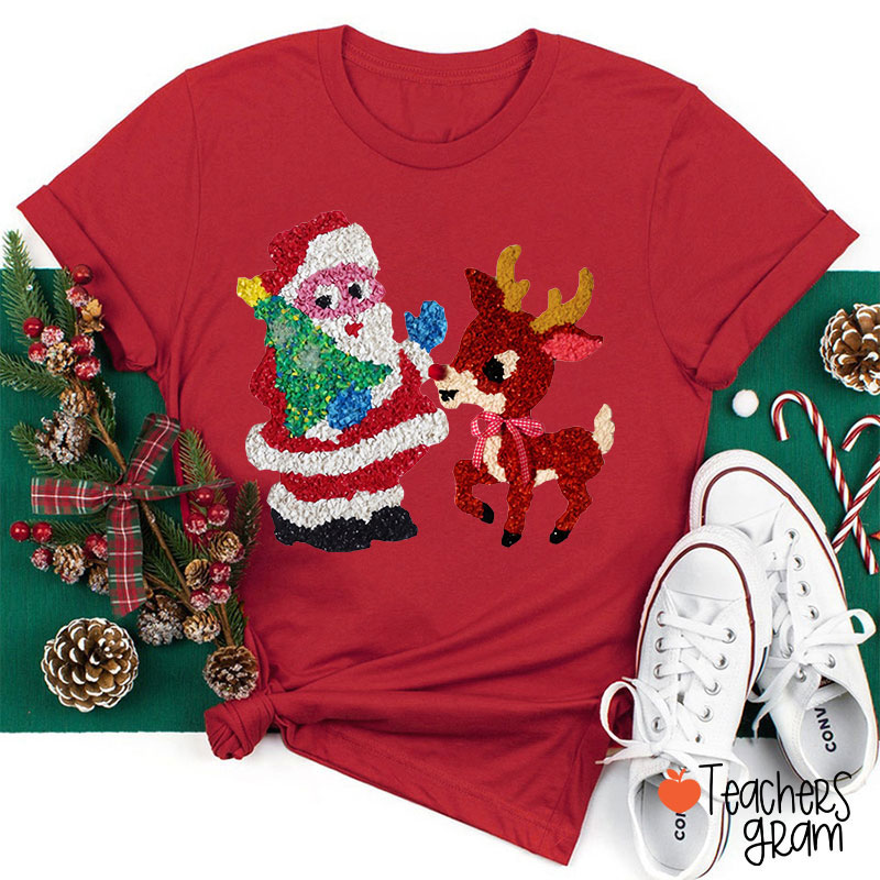 Santa And Rudolph Faux Melted Plastic Teacher T-Shirt