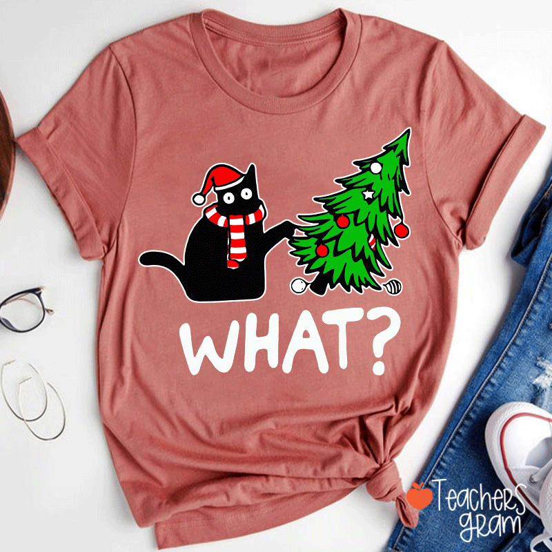 Cat Pushes Christmas Tree Teacher T-Shirt