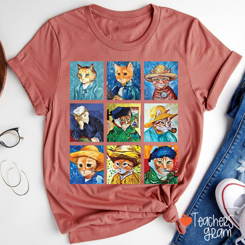 Funny Cats Painting Van Gogh Art Lover Teacher T-Shirt