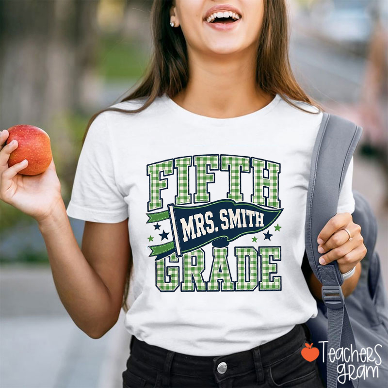 Personalized Name And Grade Checkered Pennant Teacher T-Shirt