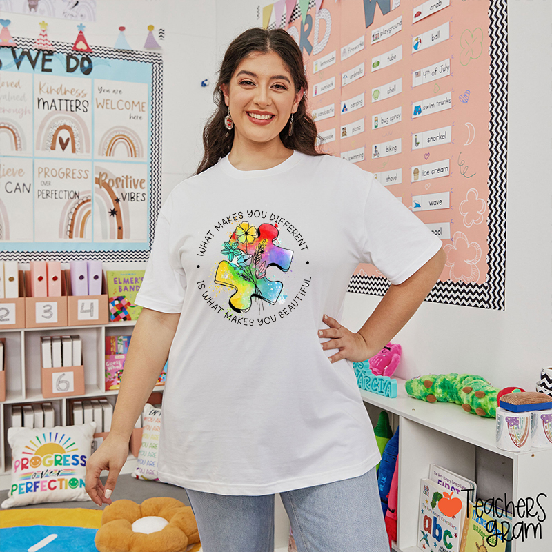 What Makes You Different Is What Makes You Beautiful Puzzle Teacher T-Shirt