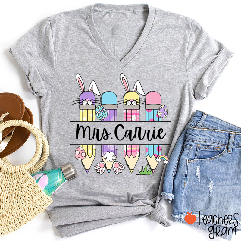 Personalized Easter Name Teacher Female V-Neck T-Shirt