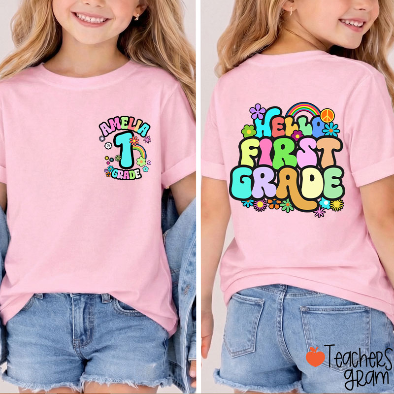 Personalized Name And Grade Rainbow Flowers Class Two Sided T-Shirt