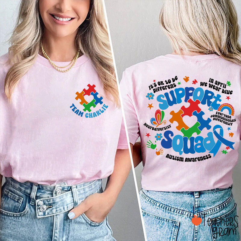 Personalized Name Autism Awareness Support Squad Teacher Two Sided T-Shirt