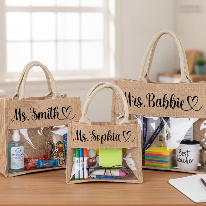 Personalized Name Clear Window Burlap Teacher Tote Bag