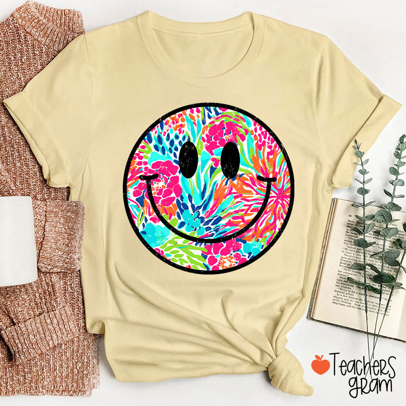 Smile Face Summer Floral Retro Beach Vibes Teacher T-Shirt