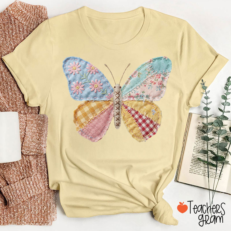 Faux Patchwork Butterfly Teacher T-Shirt