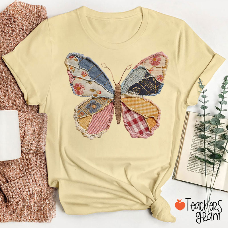 Faux Patchwork Butterfly Teacher T-Shirt