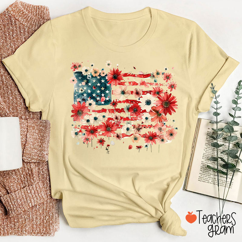 American Flag Floral Teacher T-Shirt