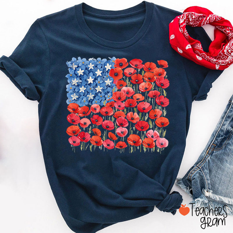 Floral USA Flag 250th Anniversary Teacher T-Shirt