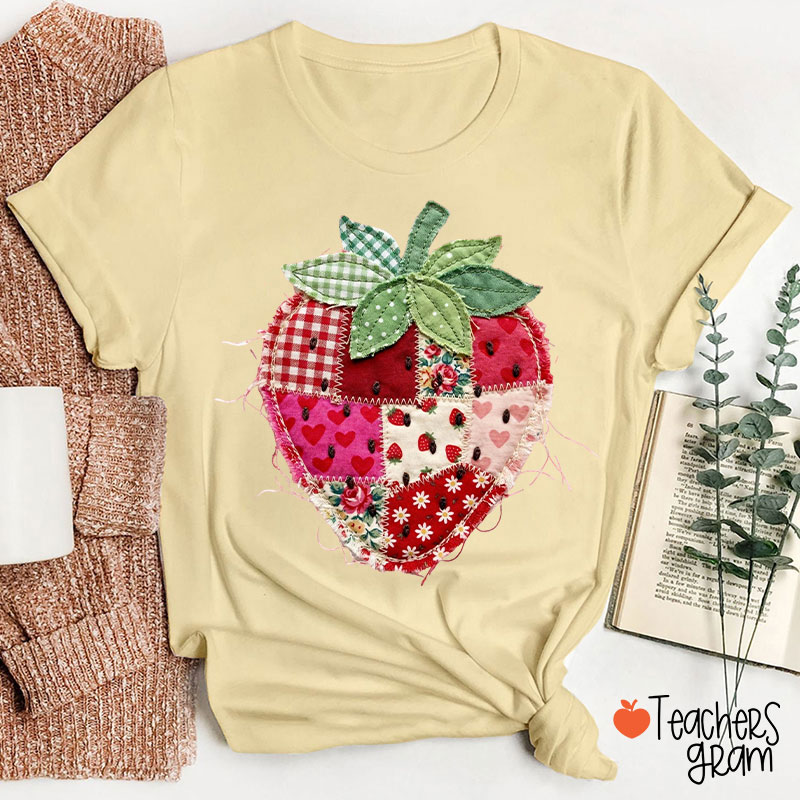 Faux Patchwork Strawberry Teacher T-Shirt