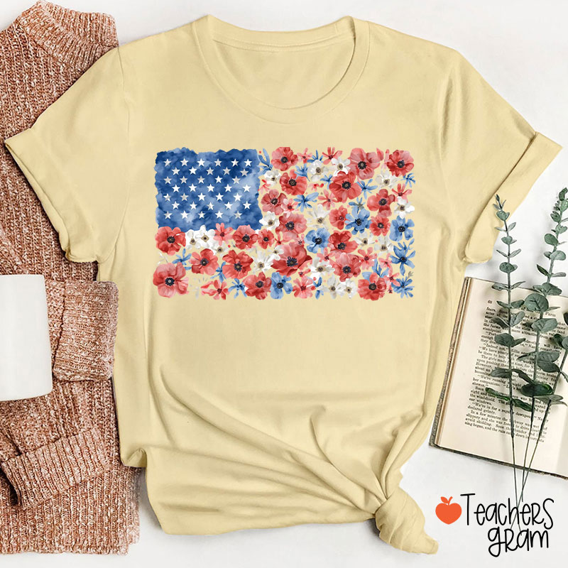 Vintage Floral USA Flag Teacher T-Shirt