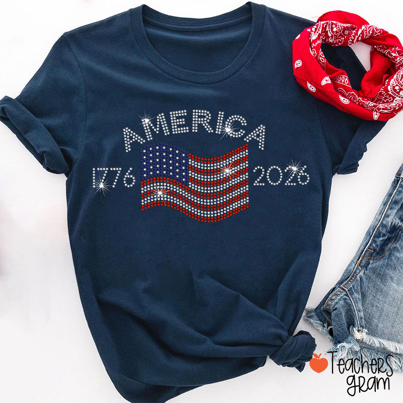 America 250th Rhinestone Flag Teacher T-Shirt