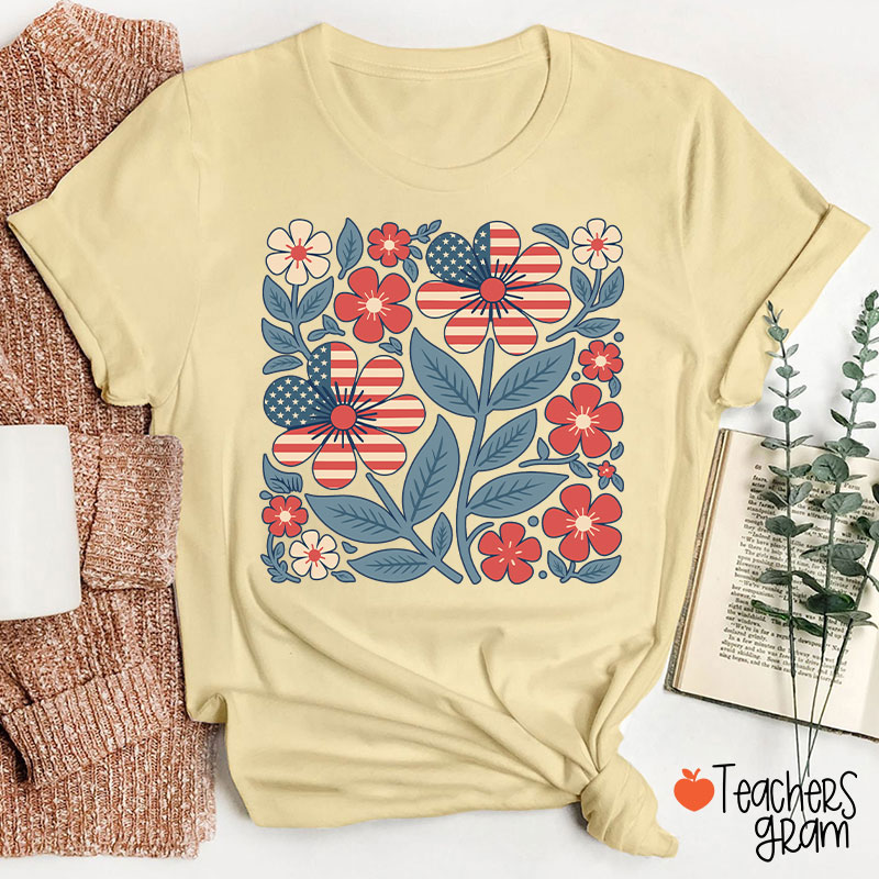 Boho Patriotic Daisy Teacher T-Shirt