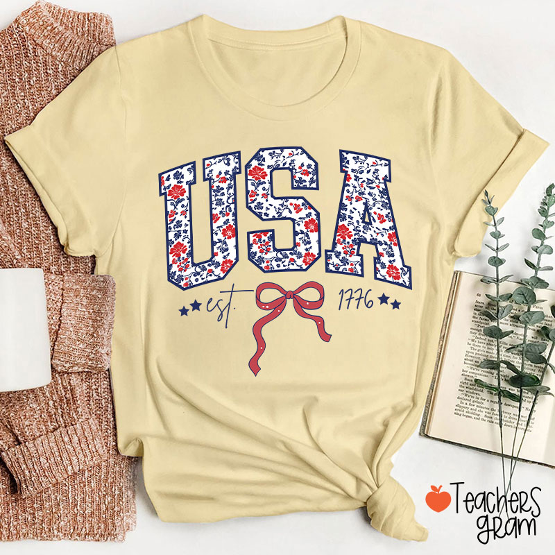Floral USA Coquette Patriotic Teacher T-Shirt