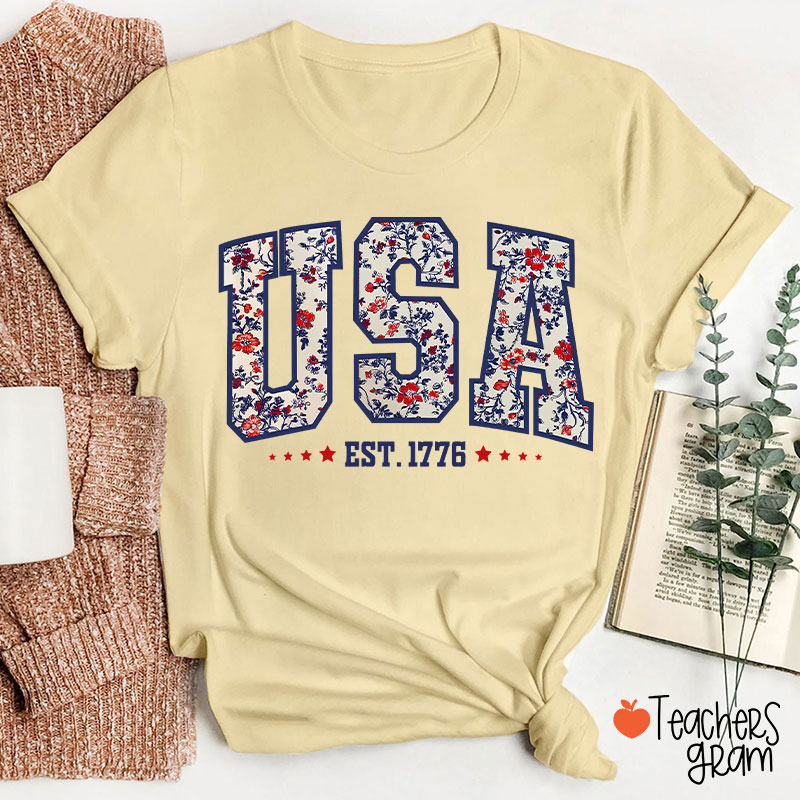 Retro Floral USA Teacher T-Shirt