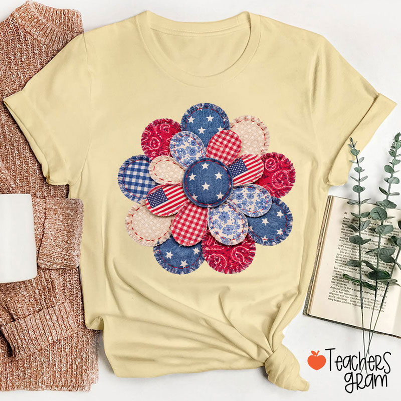 Faux Patchwork American Flag Flower Teacher T-Shirt
