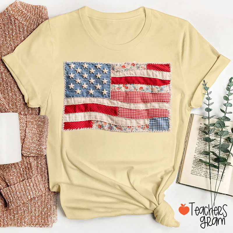 Faux Patchwork American Flag Teacher T-Shirt