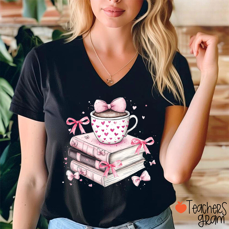 Coffee Books Valentines Day Teacher Female V-Neck T-Shirt