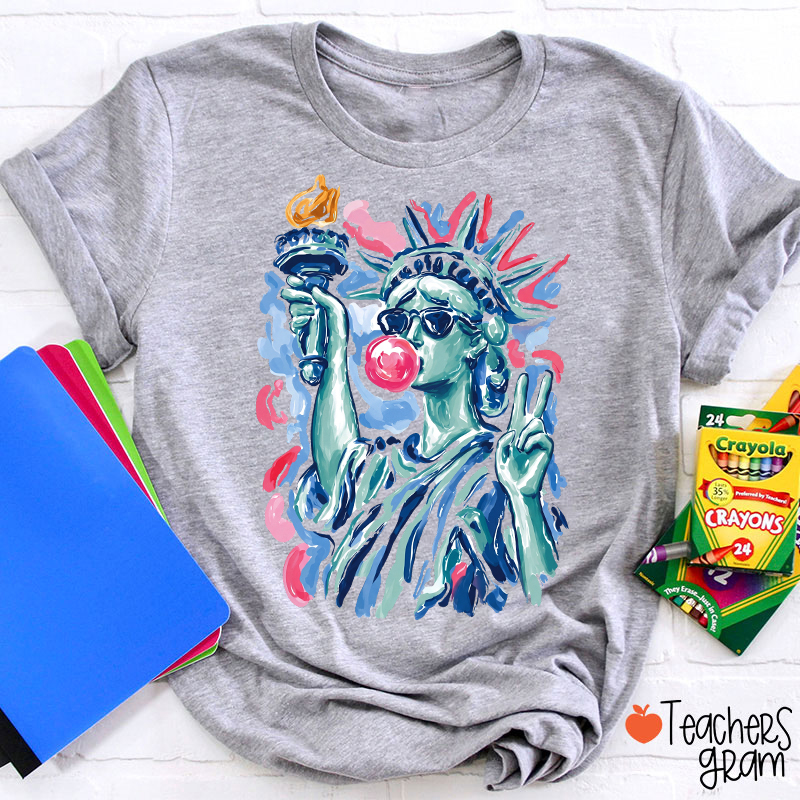 Preppy Statue Of Liberty Blowing Bubble Teacher T-Shirt