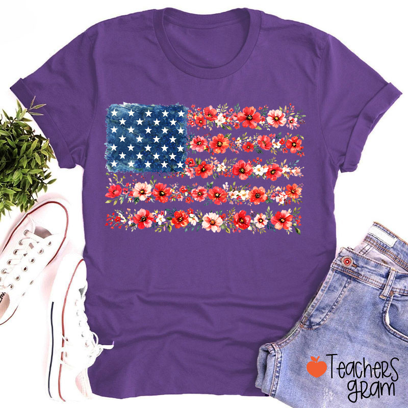 American Flag Wild Flower Teacher T-Shirt