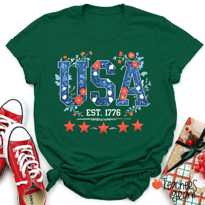 Floral USA Est 1776 Teacher T-Shirt