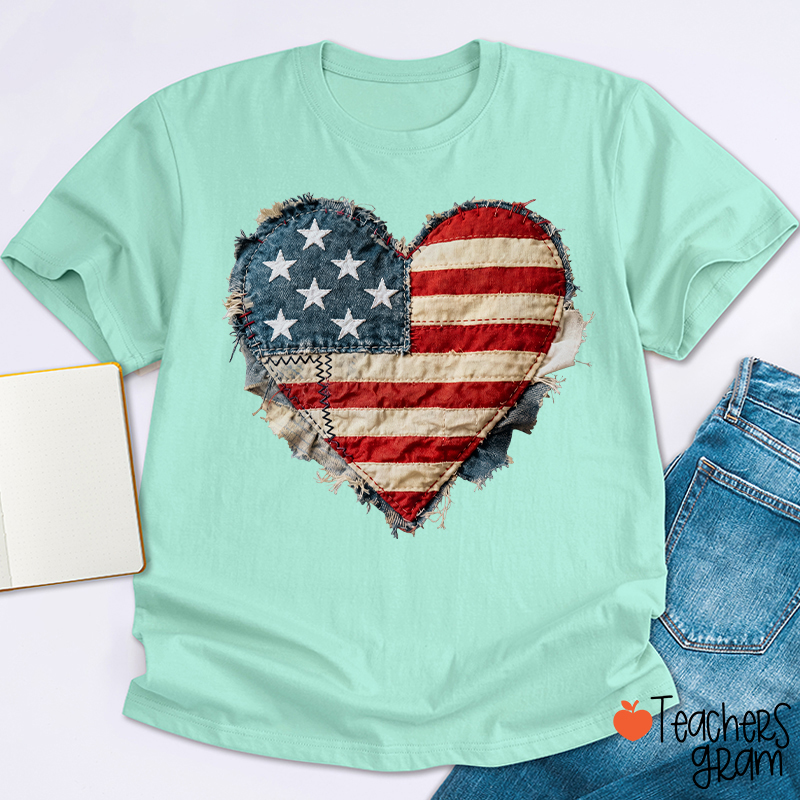 Faux Patchwork American Flag Heart Teacher T-Shirt