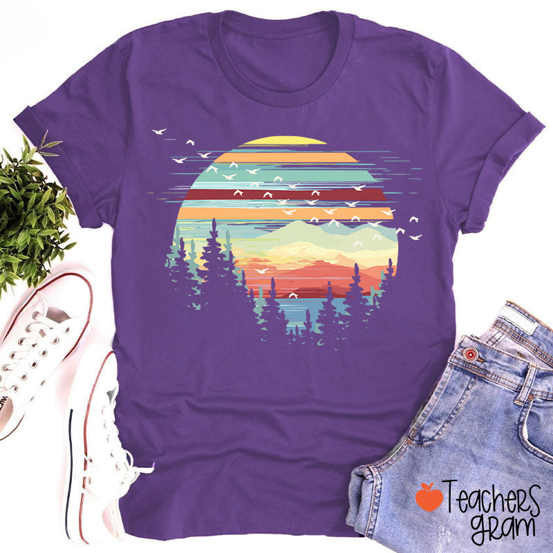 Retro Mountain Sunset Forest And Birds Teacher T-Shirt