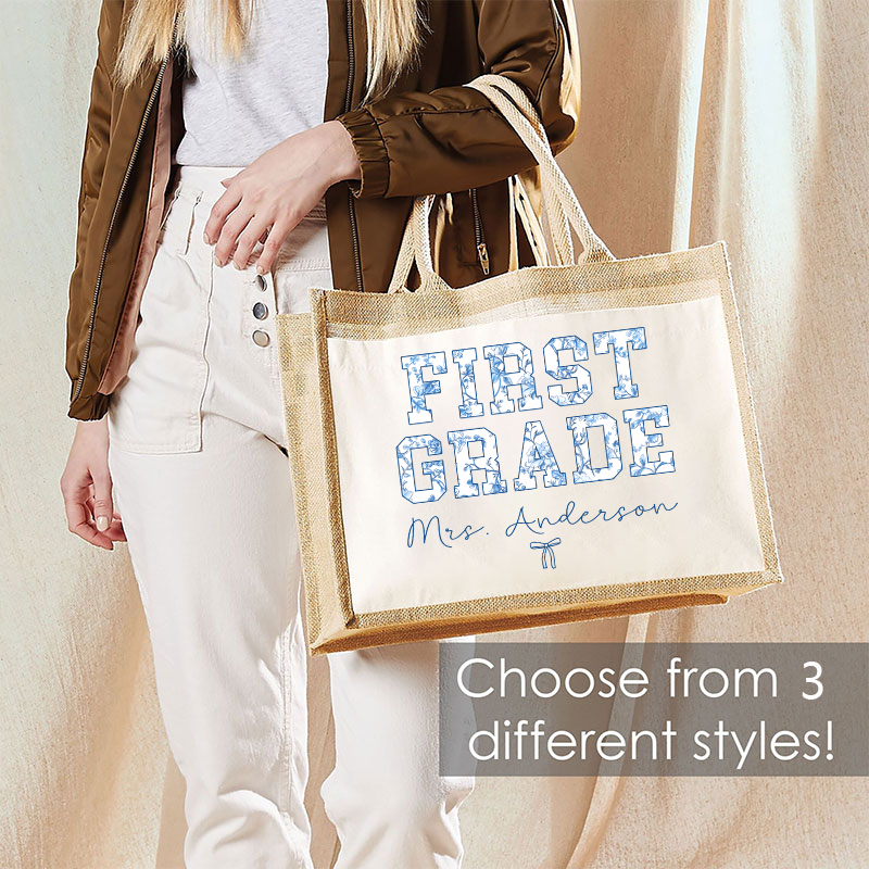 Personalized Name And Grade Trendy Teacher Jute Lunch Bag