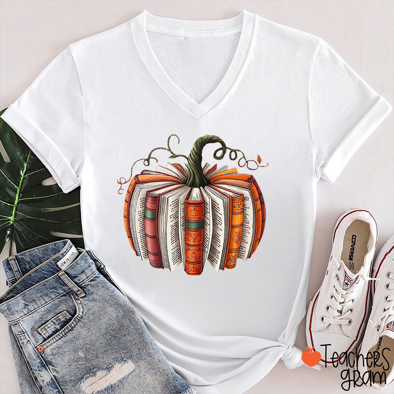 Pumpkin Book Teacher Female V-Neck T-Shirt