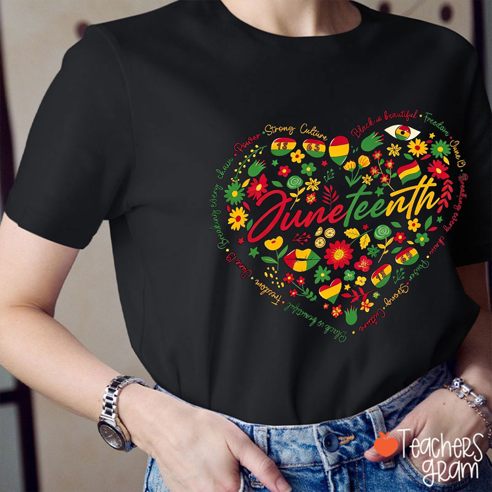 Juneteenth Floral Heart Teacher T-Shirt