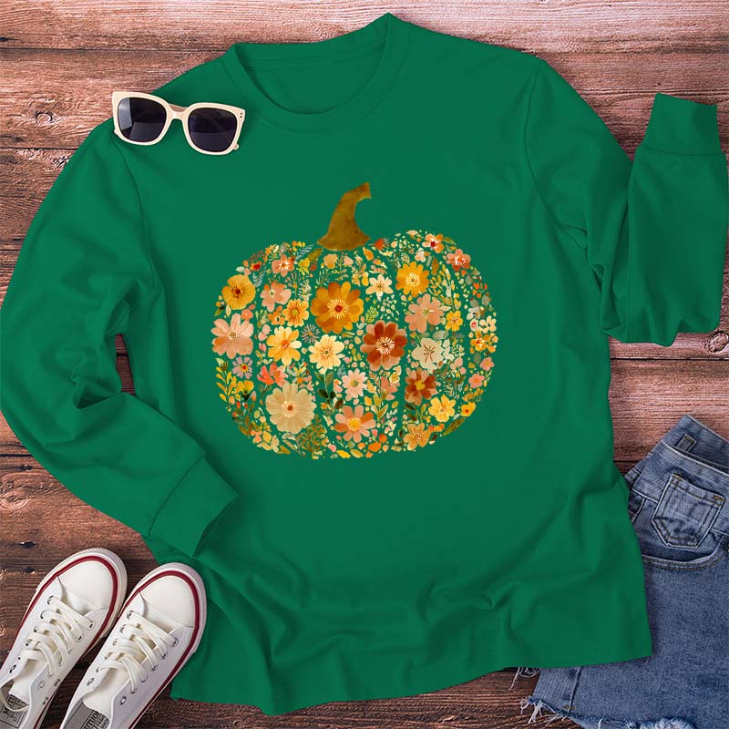 Pumpkin Orange Flowers Grass Teacher Long Sleeve T-Shirt