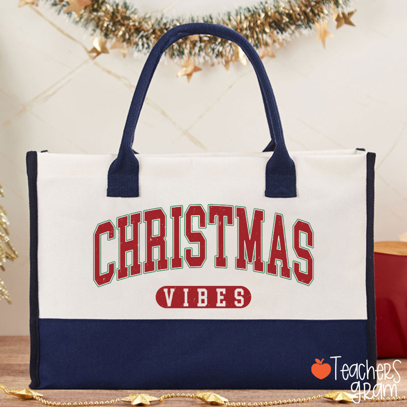Retro Style Christmas Vibes Teacher Cotton Tote Bag