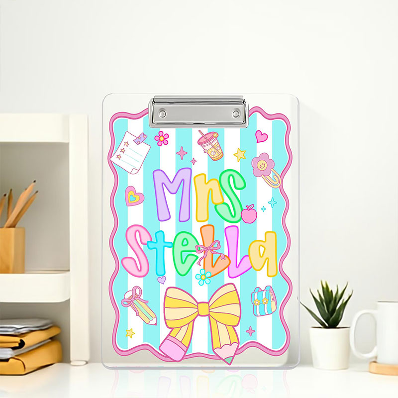 Personalized Blue Striped With Pencil Bow Teacher Clipboard