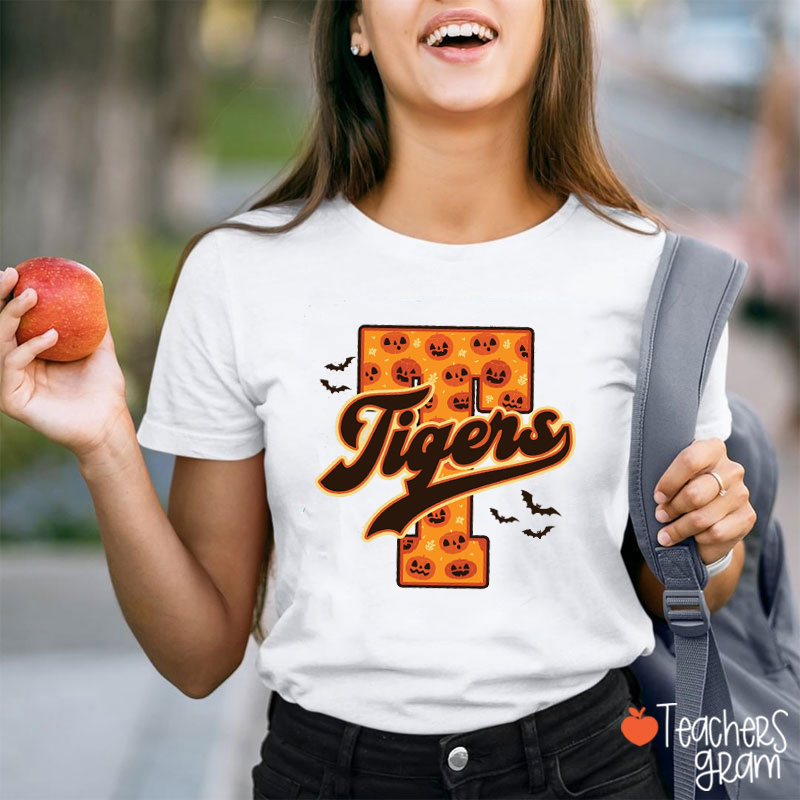 Personalized Mascot Halloween Letter Teacher T‑Shirt
