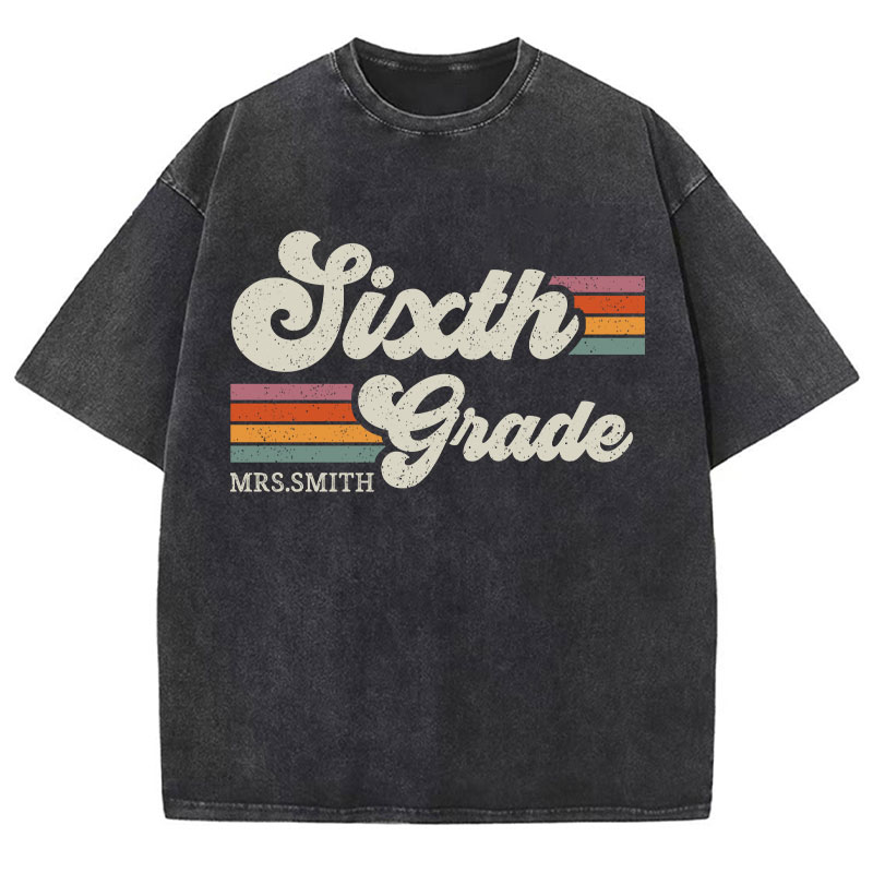 Personalized Grade And Name Retro Horizontal Stripes Teacher Washed T-Shirt