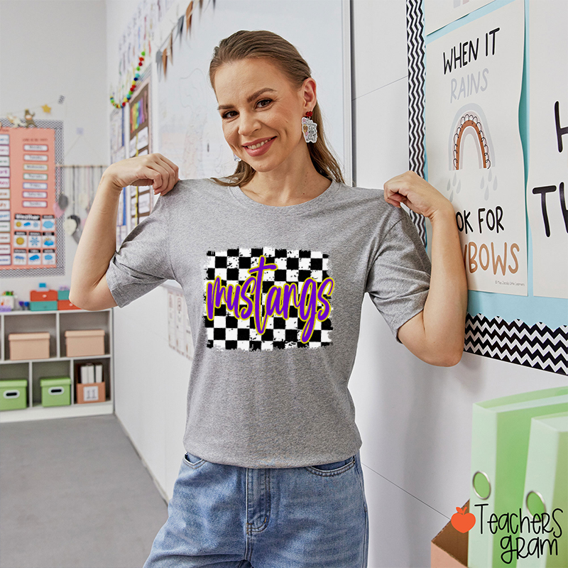Personalized Mascot School Spirit Checkerboard Teacher T-Shirt