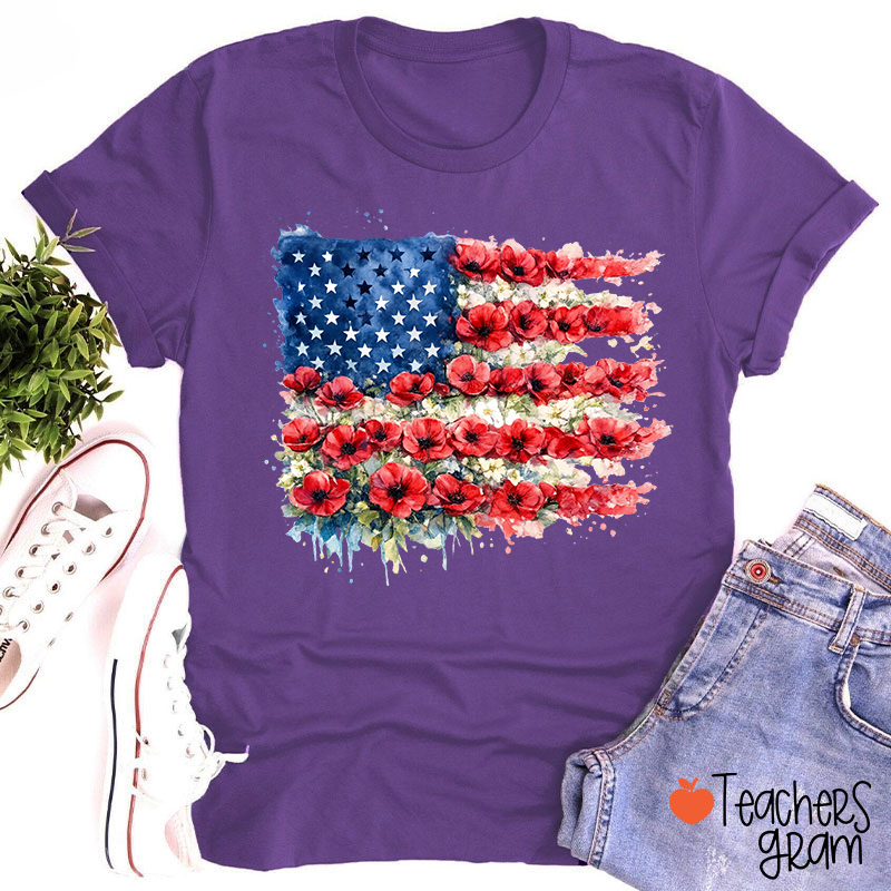 4th Of July Floral American Flag Teacher T-Shirt