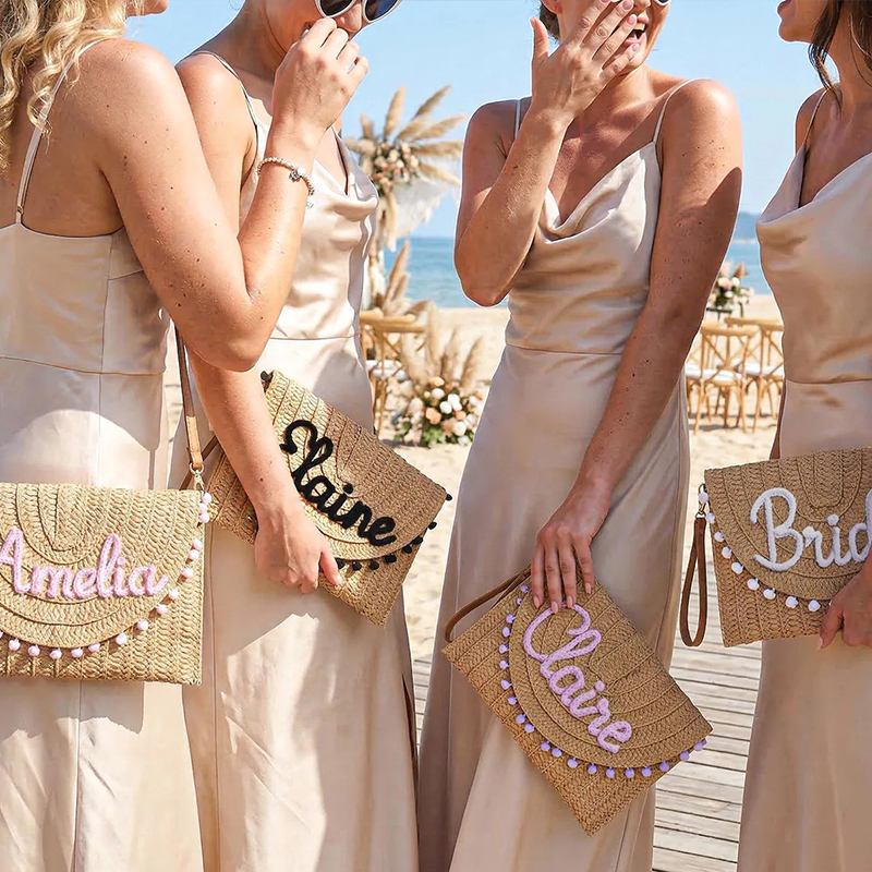 Personalized Embroidered Name Summer Vacation Straw Shoulder Bag