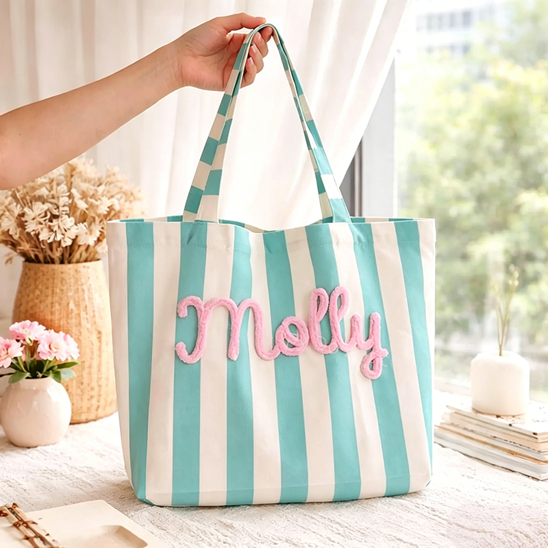 Personalized Name Chenille Embroidered Striped Tote Bag