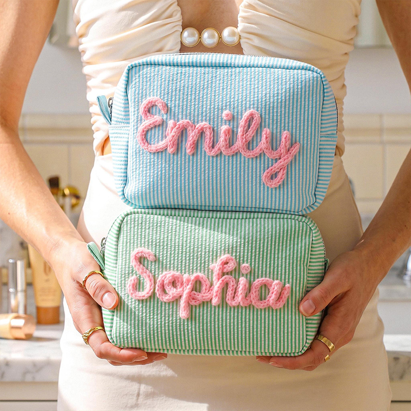 Personalized Embroidered Name Seersucker Teacher Makeup Bag