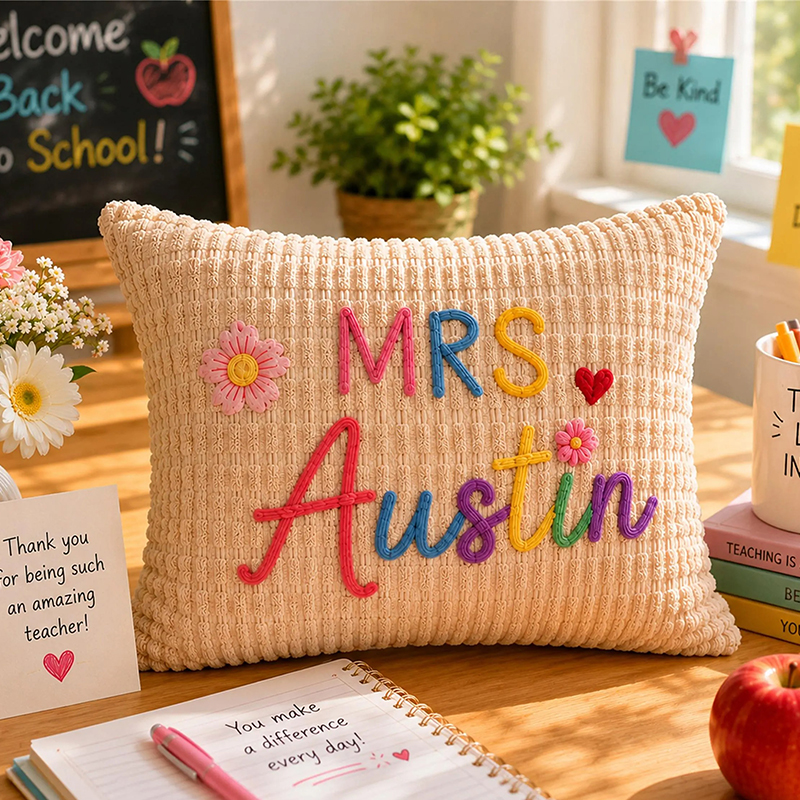 Personalized Embroidered Name Corduroy Teacher Pillow Cover