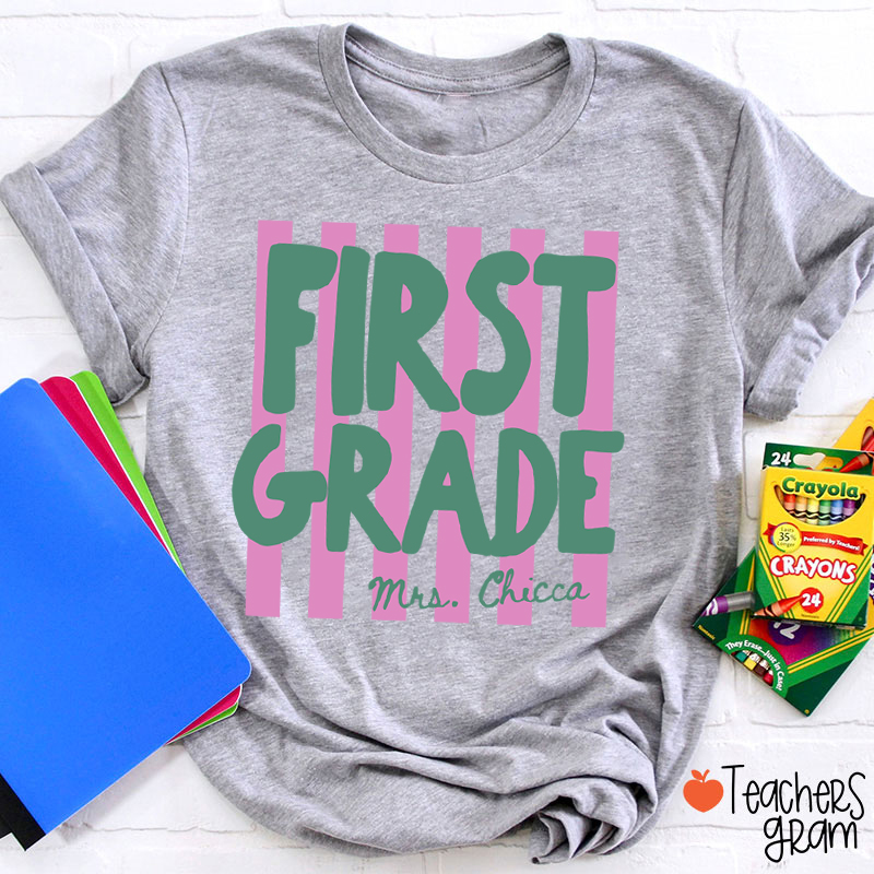 Personalized Grade And Name Pink Stripes Teacher T-Shirt