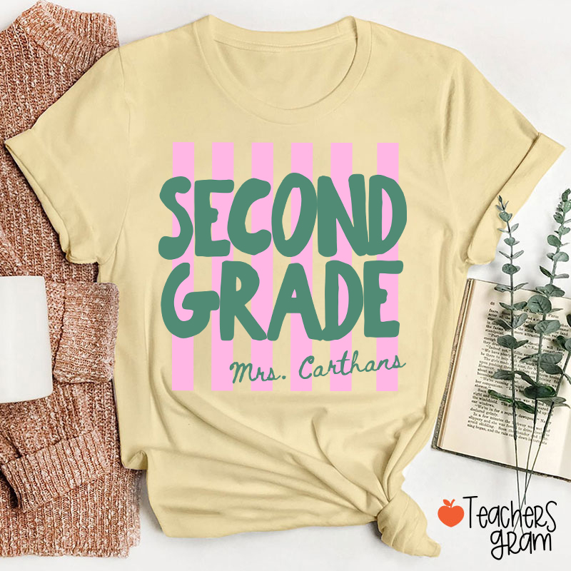 Personalized Grade And Name Pink Stripes Teacher T-Shirt