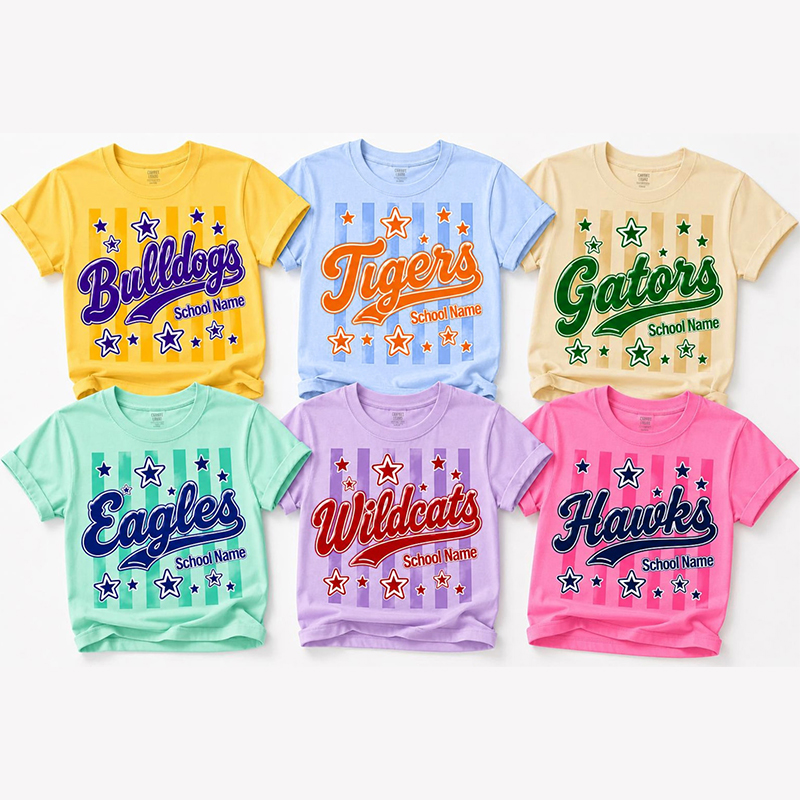 Personalized Mascot School Name Striped Star Script Teacher T-Shirt