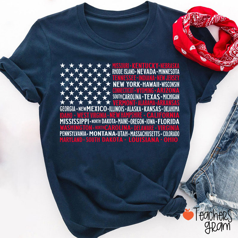 Vintage American Flag 4th Of July Teacher T-Shirt